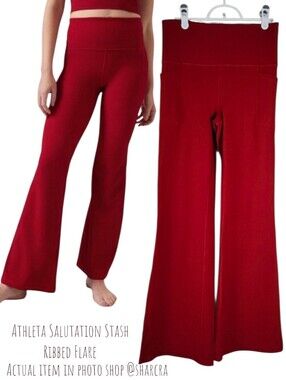 Athleta Women's Salutation Stash HR Ribbed Flare Leg Pants Pocket Leggings Red M